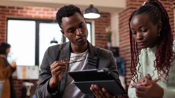 Business colleagues in a meeting at a computer in an office — an article about mobile app business ideas for Nigeria